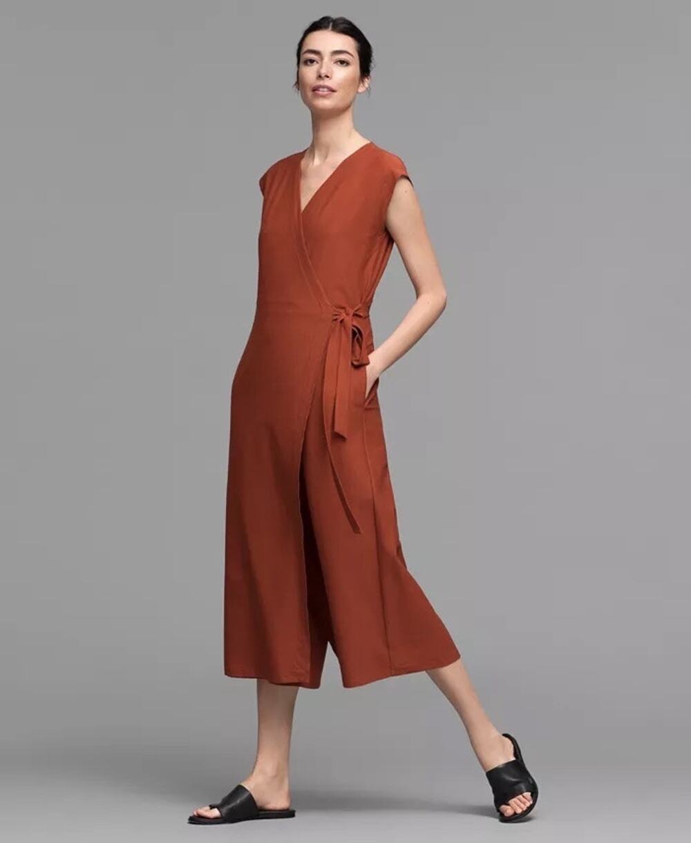Eileen Fisher Crepe Wrap Front Wide Leg Cropped Jumpsuit Deep Pekoe Size PL